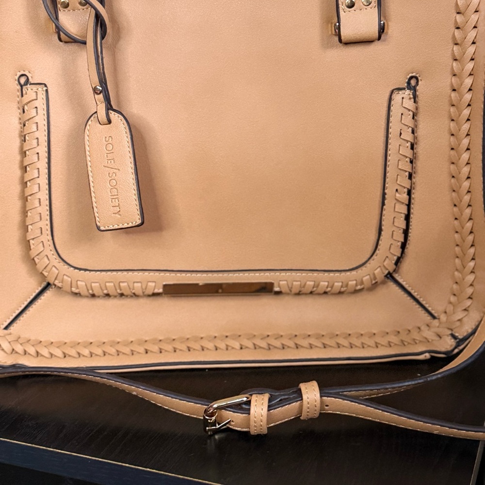 Sole Society Tan Satchel Crossbody Bag Whipstitch Faux Leather Camel Tote - Picture 2 of 8